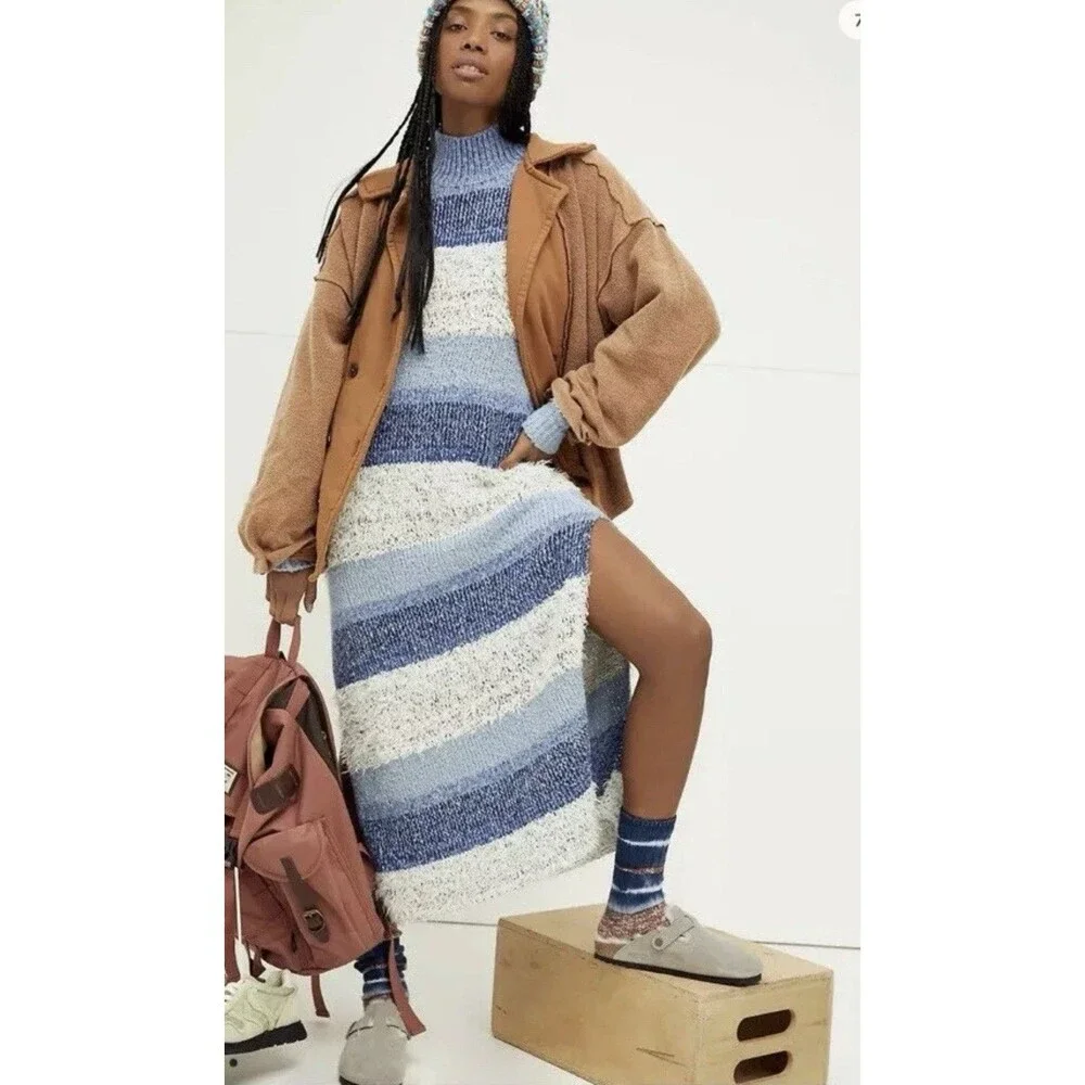 Free People Sweater Dress M Making Waves Blue Striped Eyelash-knit‎ Granola Girl